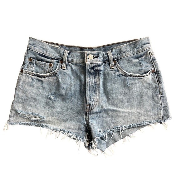 Levi’s 501 High Rise Light Wash Distressed Denim Raw Hem Jean Shorts Size 29 - Picture 1 of 7